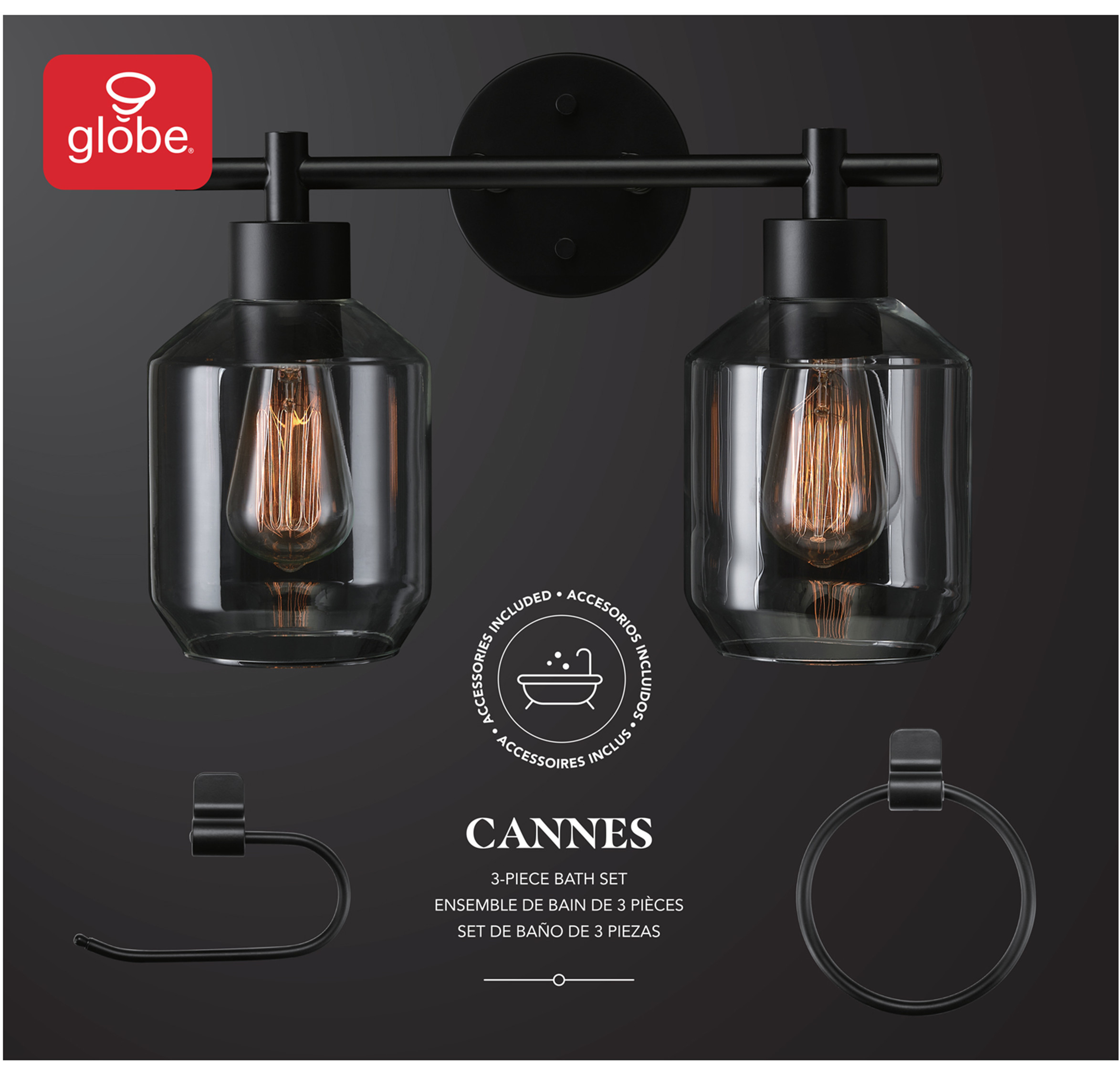 BATH VANITY SET,  3 PC,  BLACK,  VANITY LIGHT,  CUL,  TOWEL RING, 