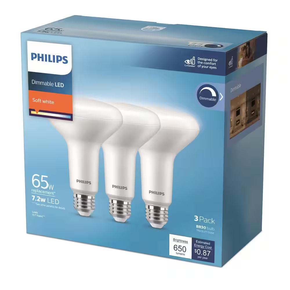 PHILIPS,  BULBS,  FLOOD,  3PK,  65W,  DIMMABLE,  SOFT WHITE,  E26