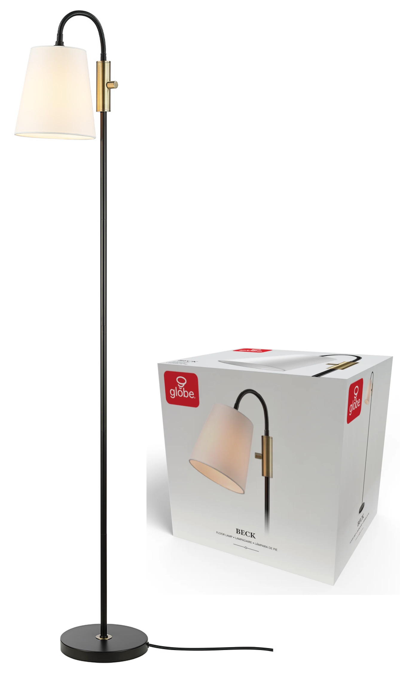 LAMP,  FLOOR,  60H,  BLACK/BRASS GOOSENECK BASE,  WHITE SHADE