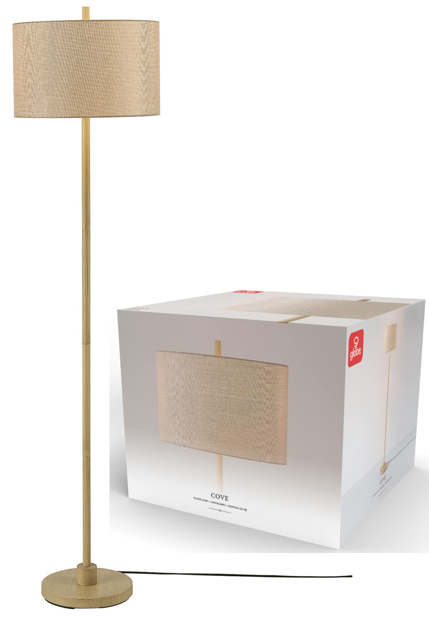 LAMP,  FLOOR,  62H,  FAUX WOOD BASE,  JUTE SHADE, COLOR BOX, CUL