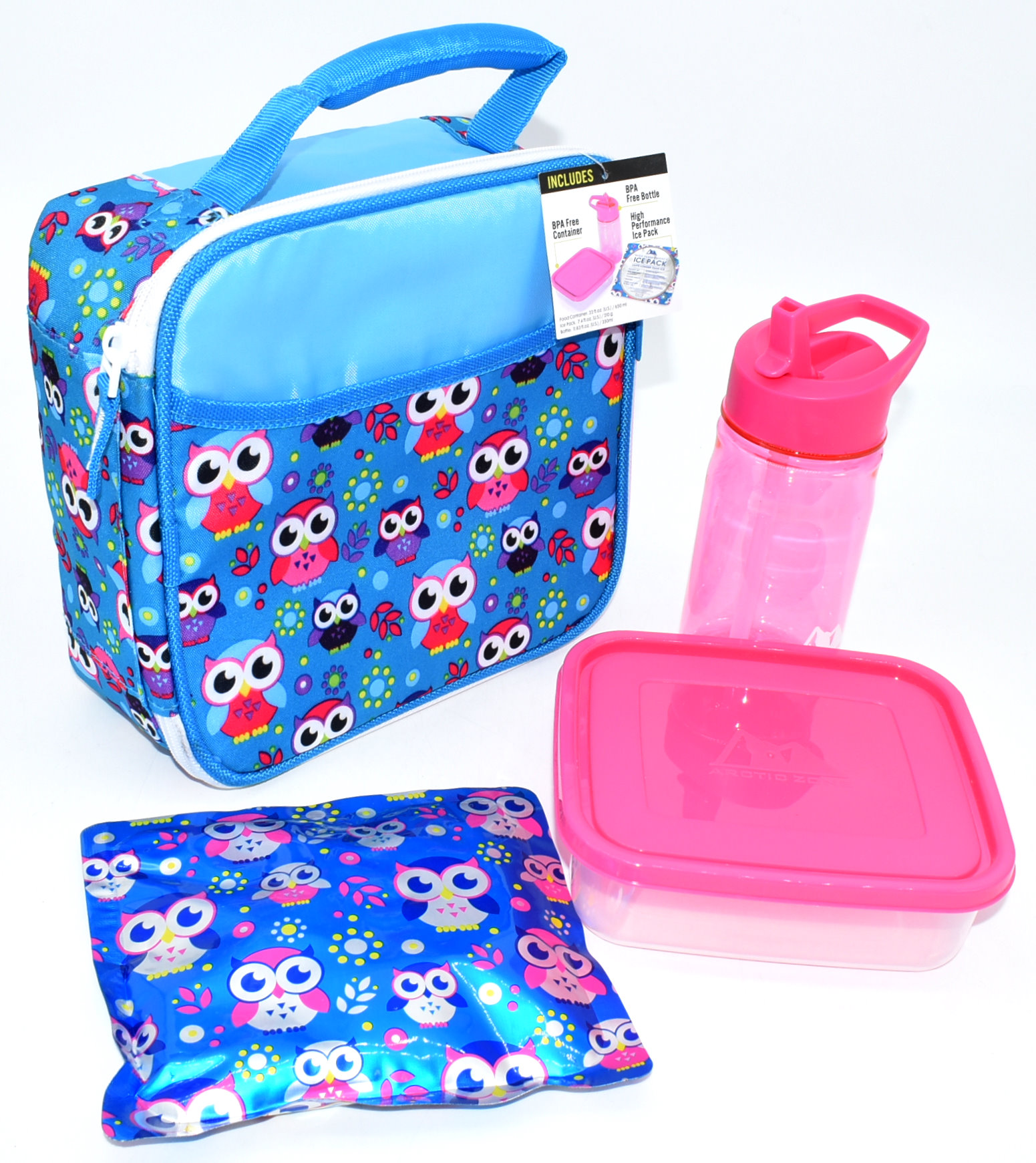 LUNCH BOX COMBO, BLUE, OWL, WITH CONTAINER, BOTTLE & ICE PACK