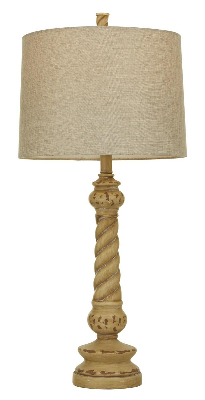 LAMP,  TABLE,  31H,  WOOD BASE,  TAN FABRIC SHADE,  W/ LED BULB