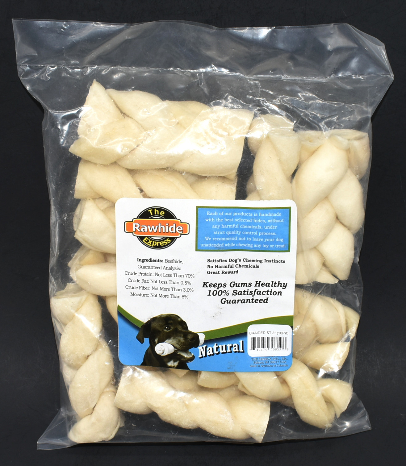DOG CHEWS,  10 PK,  BRAIDED STICKS,  BEEF HIDE,  3 IN PCS