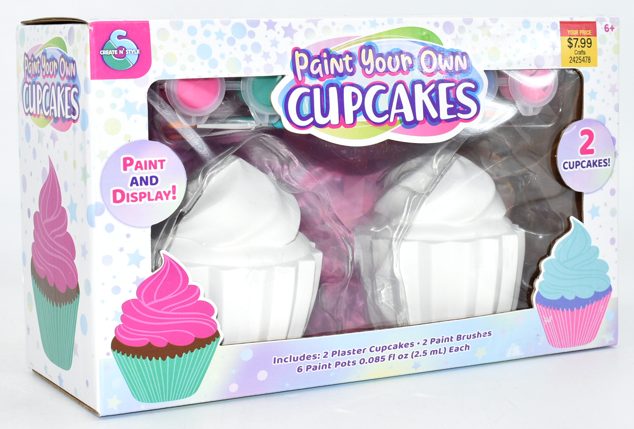 PAINT YOUR OWN CUPCAKES, 2PK,  2 PAINT BRUSHES, 6 PAINT POTS