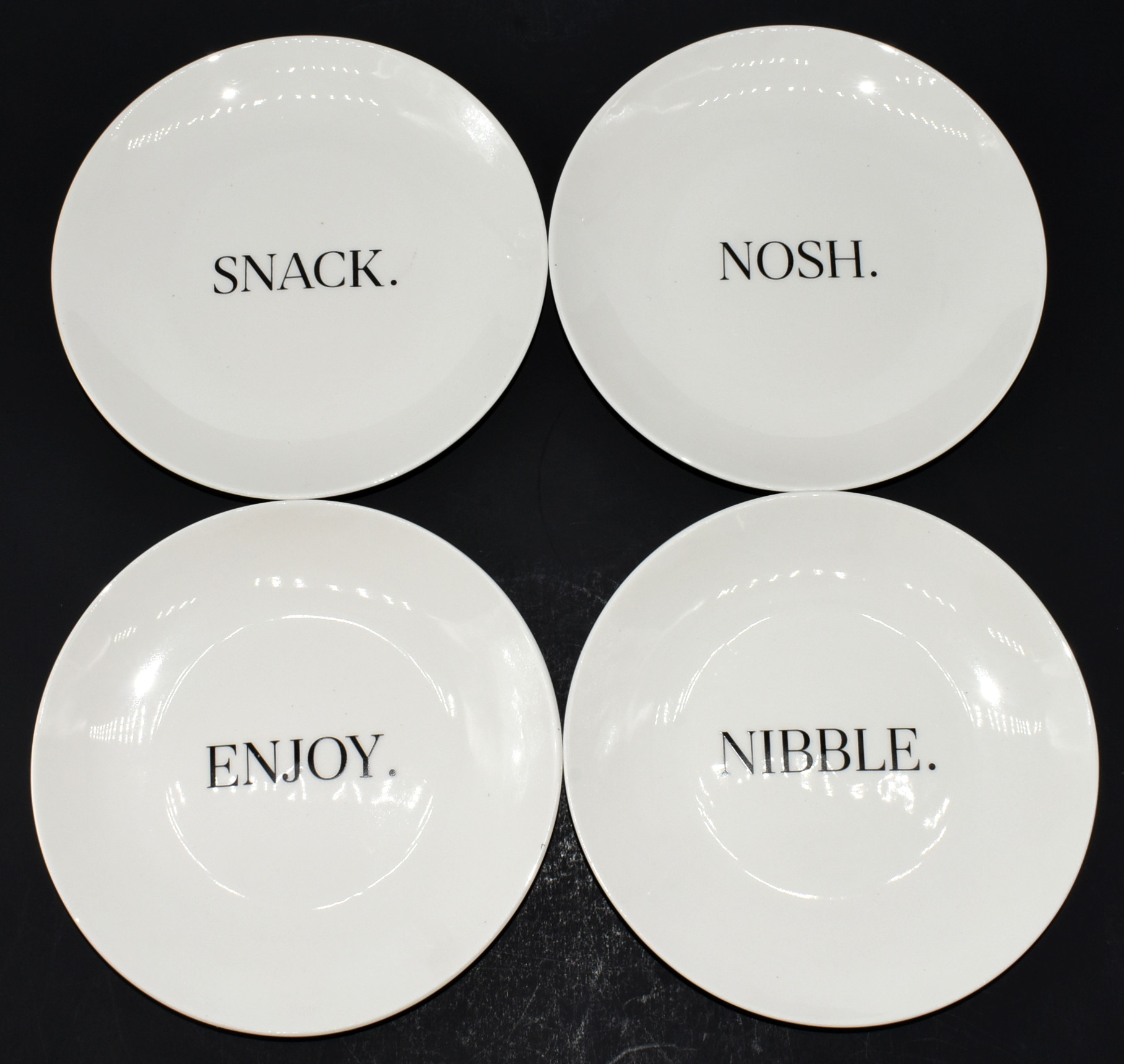 PLATES 4PC SET, APPETIZER, SNACK SENTIMENTS, BLACK AND WHITE
