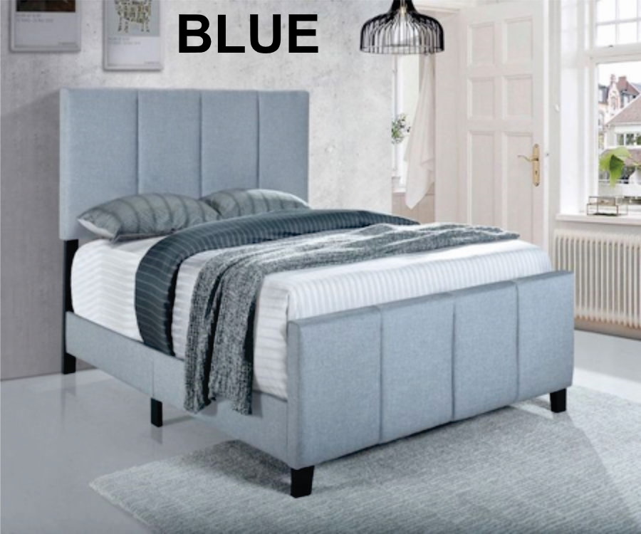 BED,  QUEEN,  UPHOLSTERED,  BLUE HEADBOARD,  FOOTBOARD AND FRAME