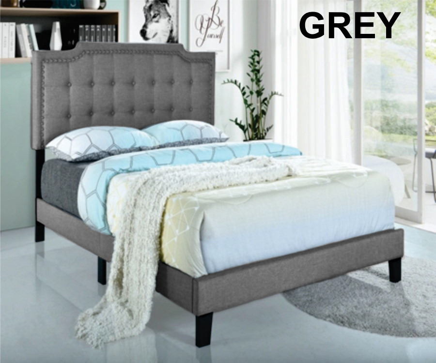 BED,  QUEEN,  UPHOLSTERED,  GREY HEADBOARD AND FRAME,  TUFTED