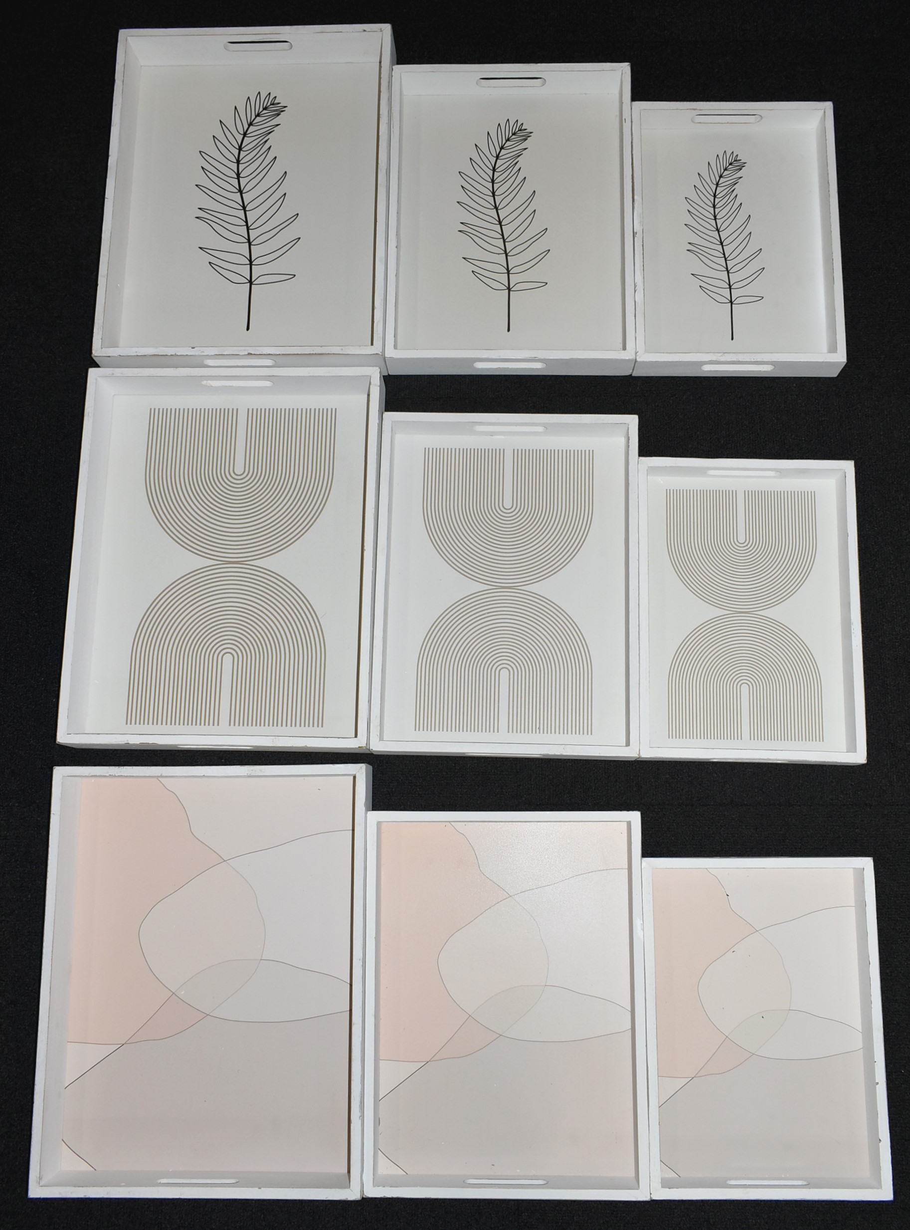 TRAYS, SET OF 3, DECORATIVE, WOOD S-14X1X2,  M-16X12X2,  L-18X18X3