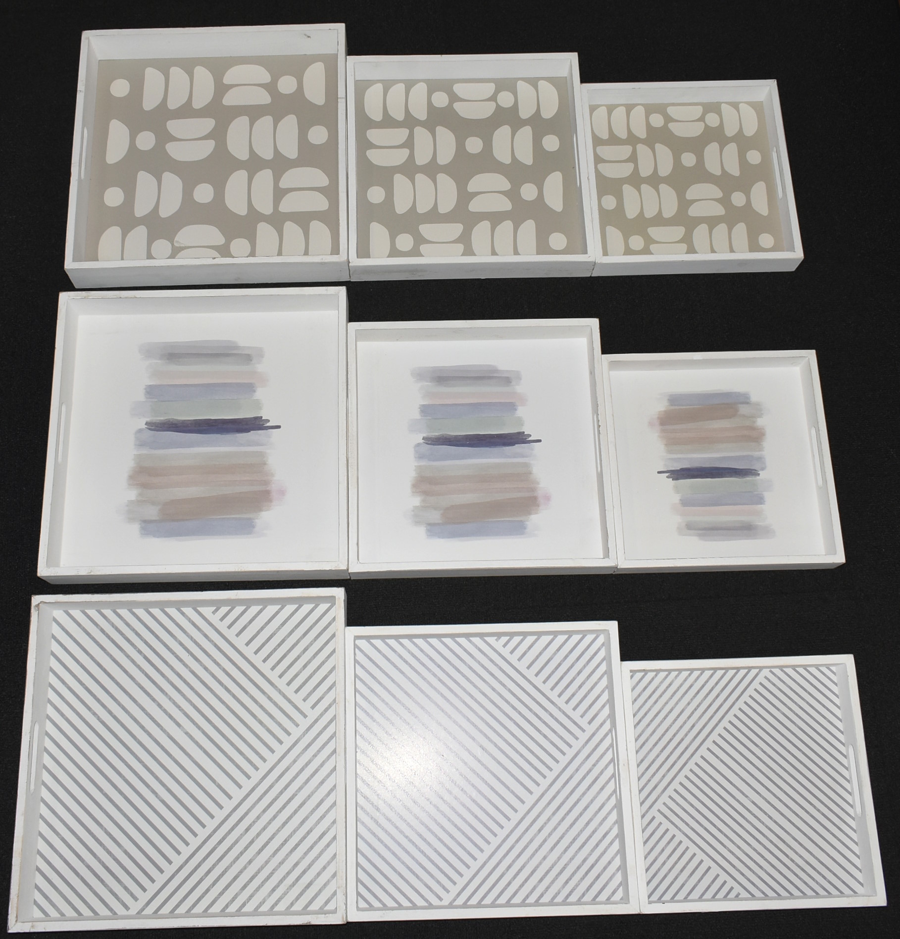 TRAYS, SET OF 3, DECORATIVE, WOOD S-12X12X2, M-14X14X2,  L-16X16X3