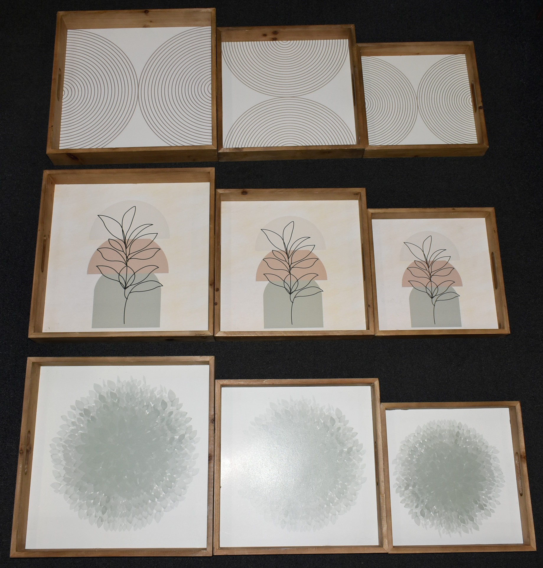 TRAYS, SET OF 3, DECORATIVE, WOOD S-12X12X2, M-14X14X2,  L-16X16X3