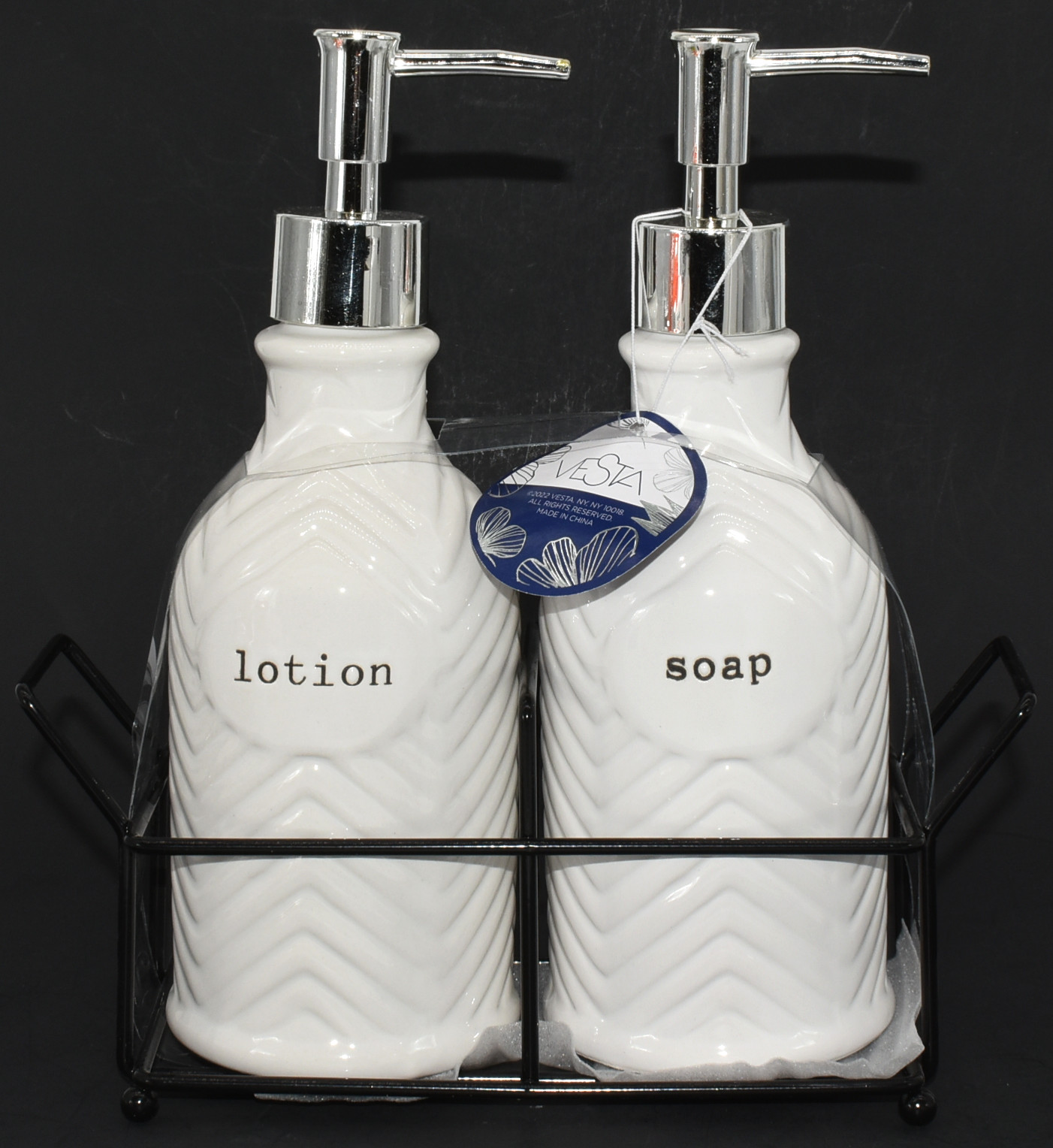 LOTION DISPENSER SET,  3 PC,  2 PUMPS,  1 METAL CADDY,  WHITE