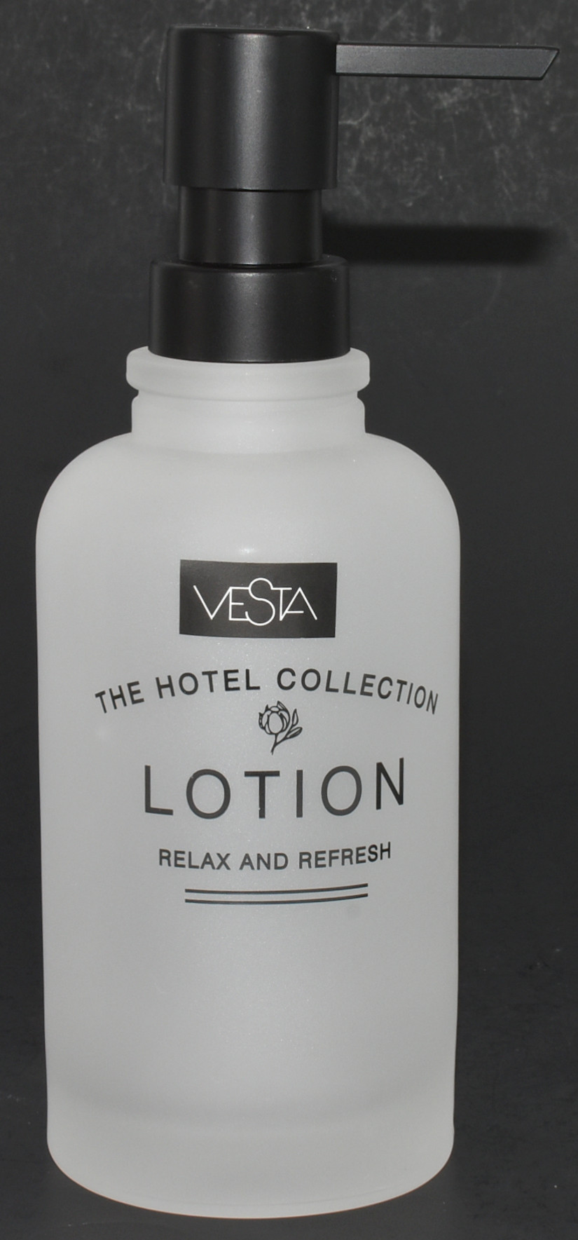 LOTION DISPENSER, FROSTED GLASS WITH DECAL,  APOTHECARY STYLE