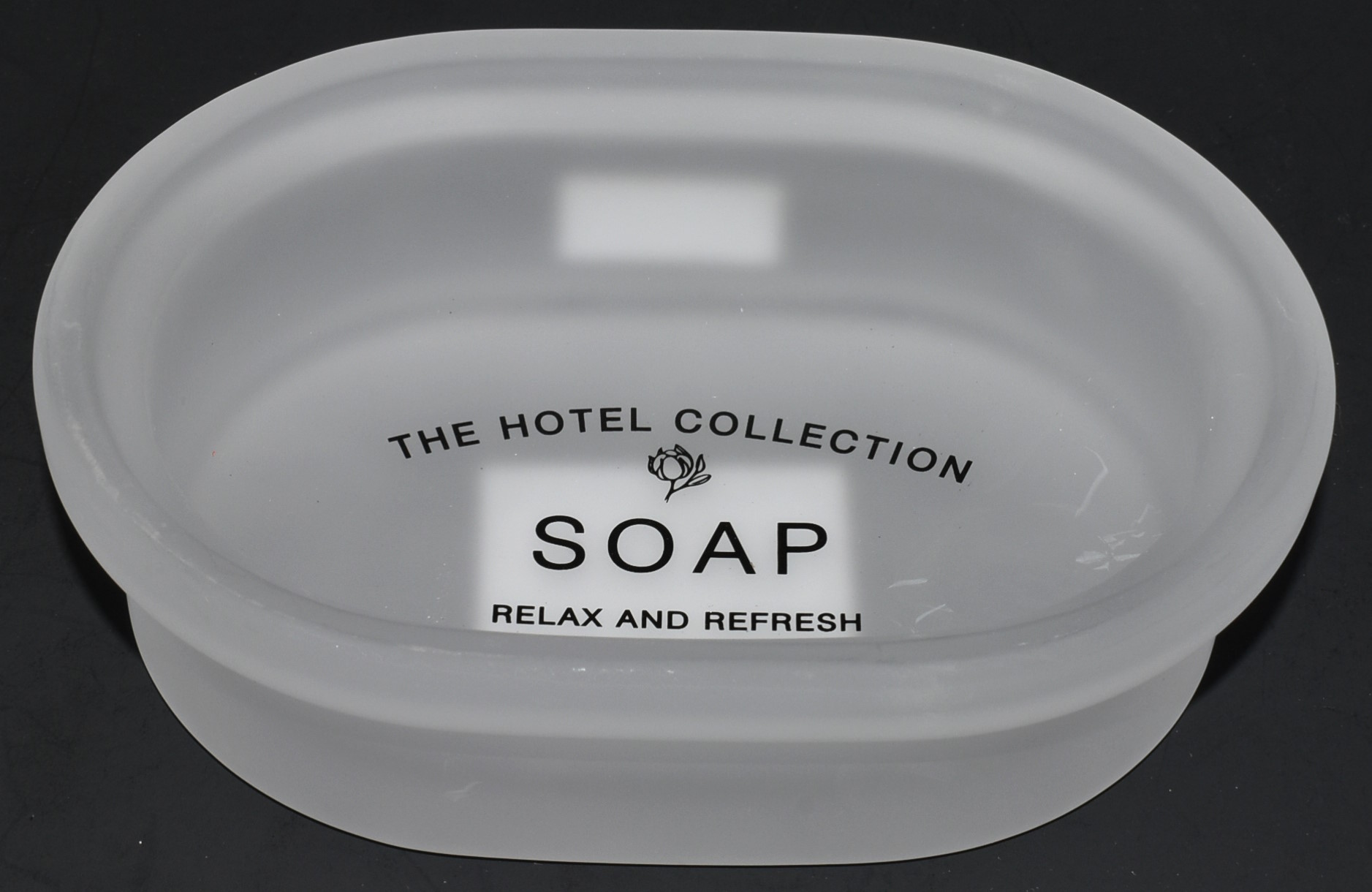 SOAP DISH,  FROSTED GLASS,  WITH DECAL,  APOTHECARY STYLE