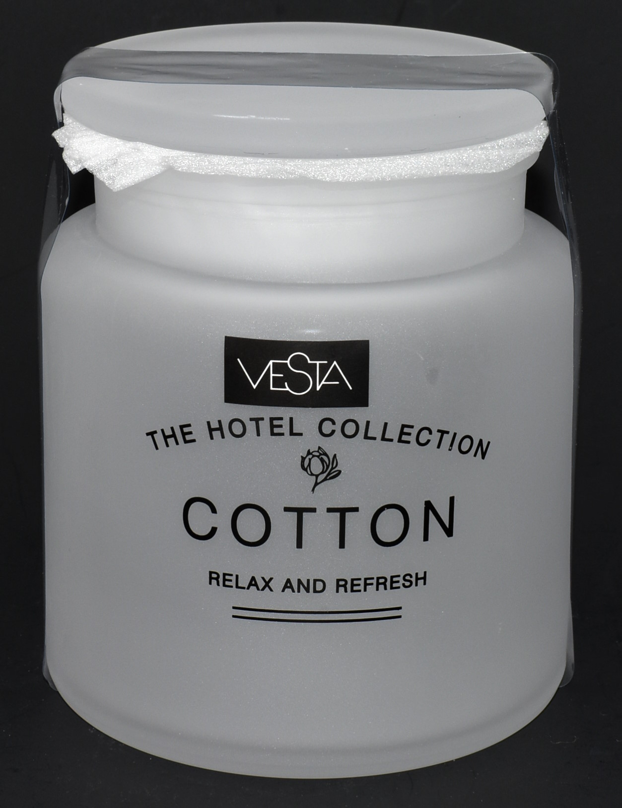 JAR,  COTTON,  FROSTED GLASS,  WITH DECAL,  APOTHECARY STYLE