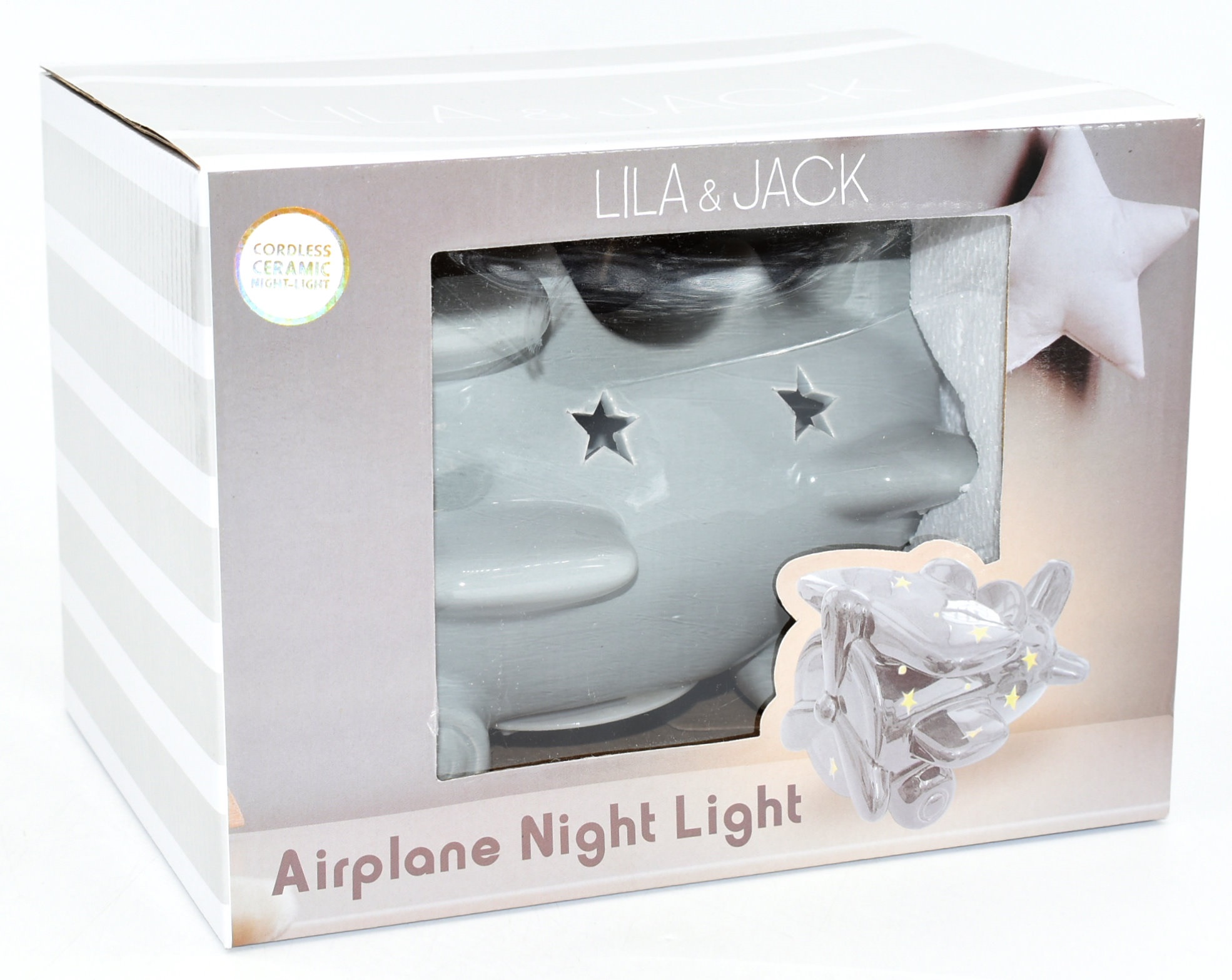NIGHT LIGHT, LED, GREY AIRPLANE,  CUT OUT STARS, CERAMIC