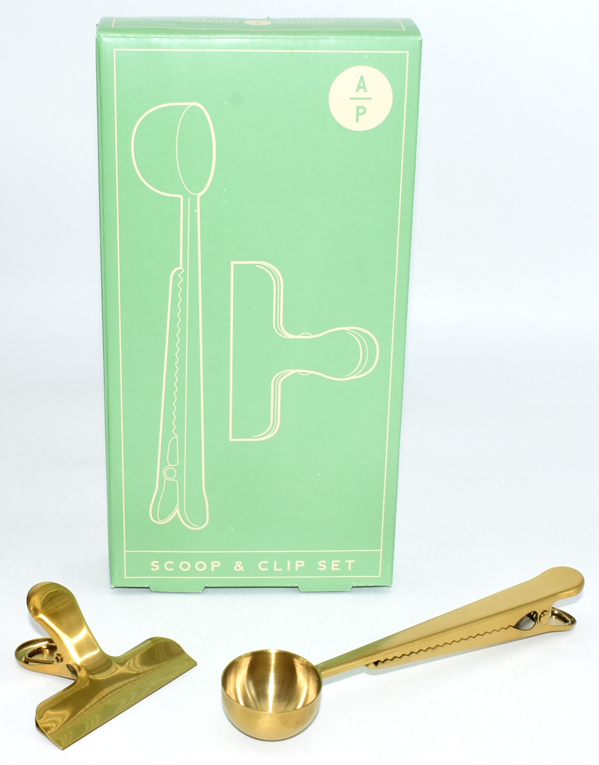 COFFEE SCOOP AND CLIP SET, 2 PC GOLD,  BOXED