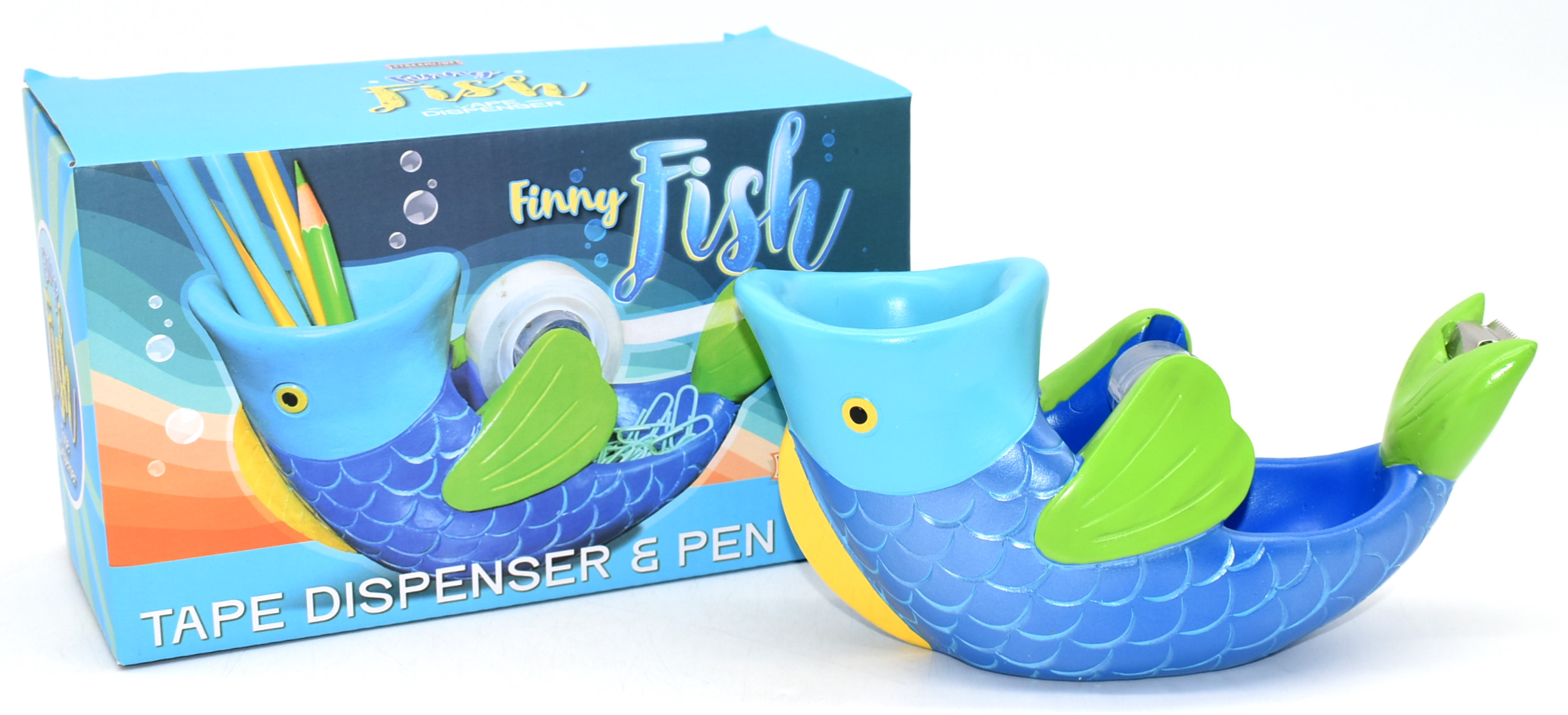 TAPE DISPENSER W/PEN CUP, FISH COLOR BOX