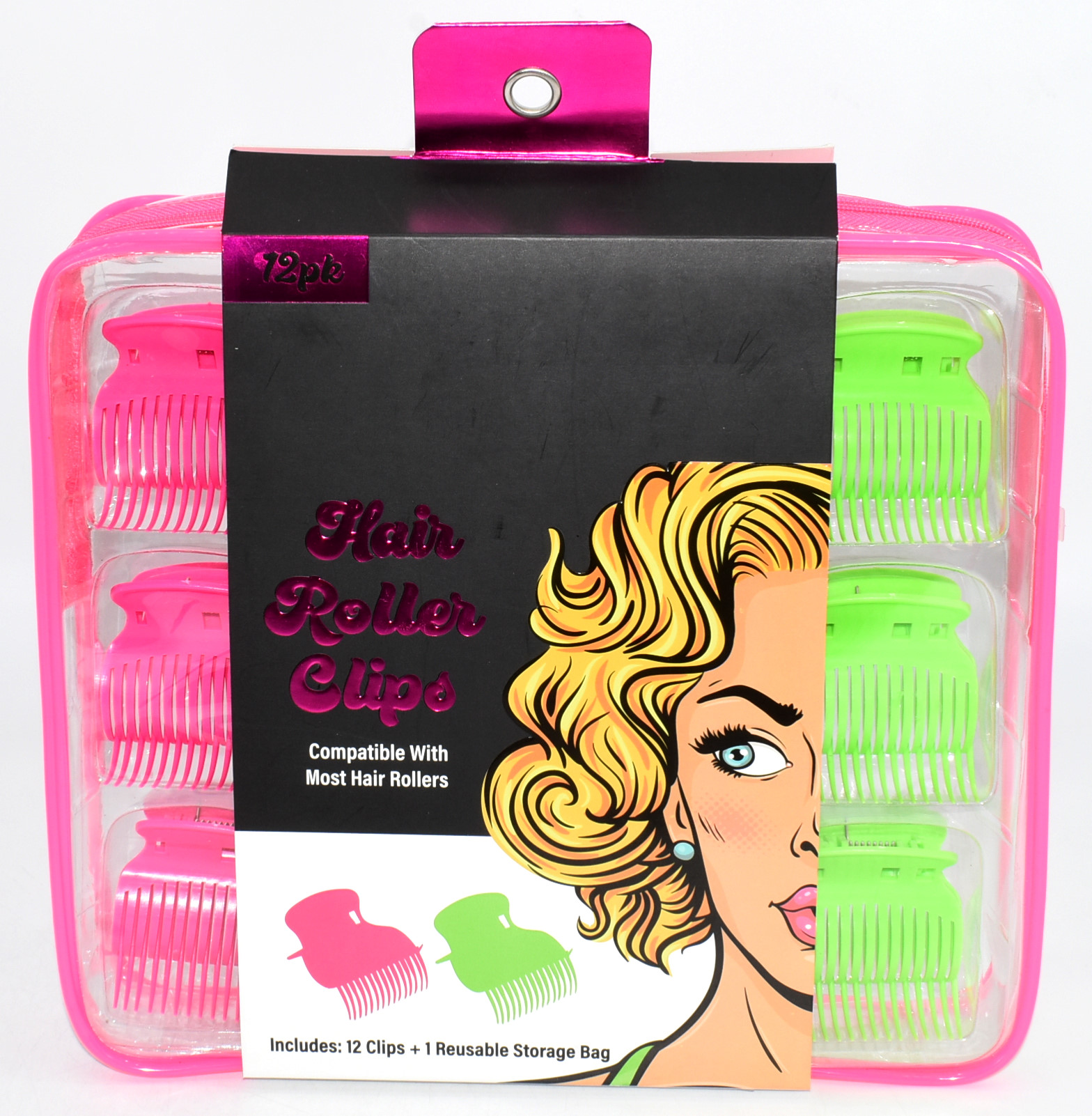 HAIR ROLLER CLIPS,  12 PK,  PINK AND NEON GREEN,  NO TJX