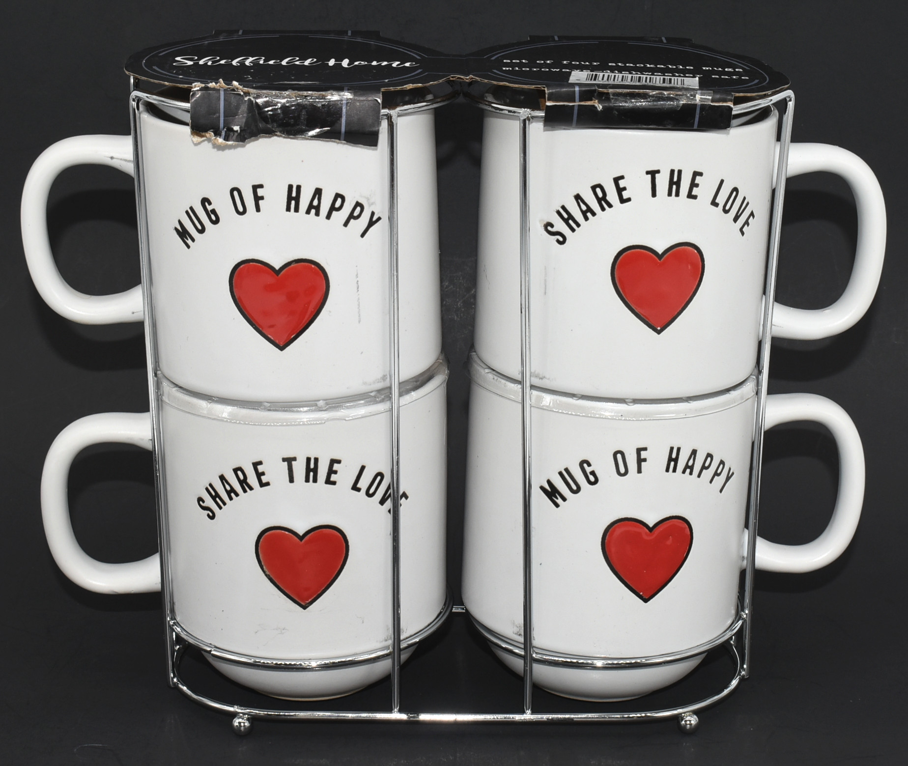 MUG 4PC SET, 18OZ, HEART SENTIMENTS, WITH METAL RACK