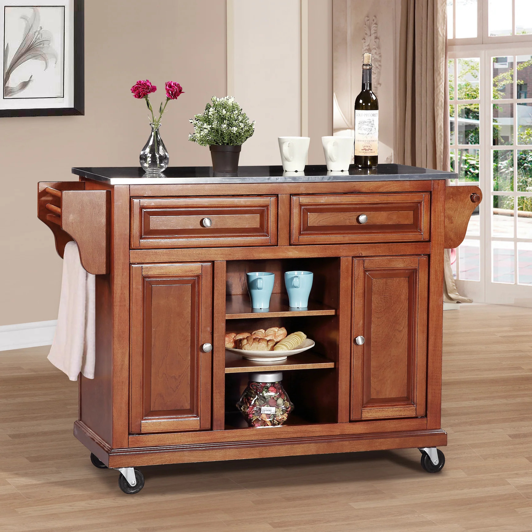 KITCHEN ISLAND, 52X18X36, CHERRY TOWEL BAR,  STEEL TOP (2)
