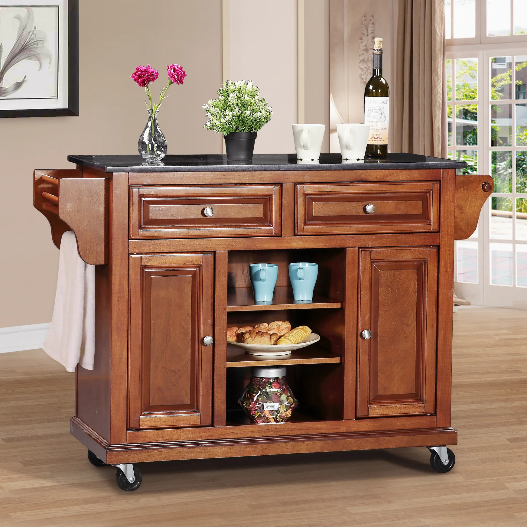KITCHEN ISLAND, 52X18X36, WOOD,  CHERRY, BLACK GRANITE TOP,  (2)