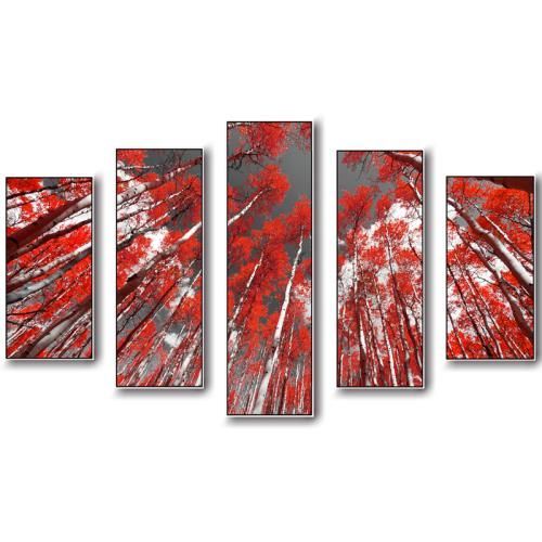 PRINTED CANVAS,  5 PC,  FRAMED,  RED TREES,  16 X 60 X 40 INCHES