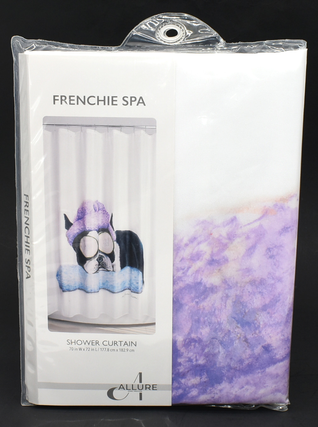 SHOWER CURTAIN,  FABRIC,  70X72 FRENCHIE SPA