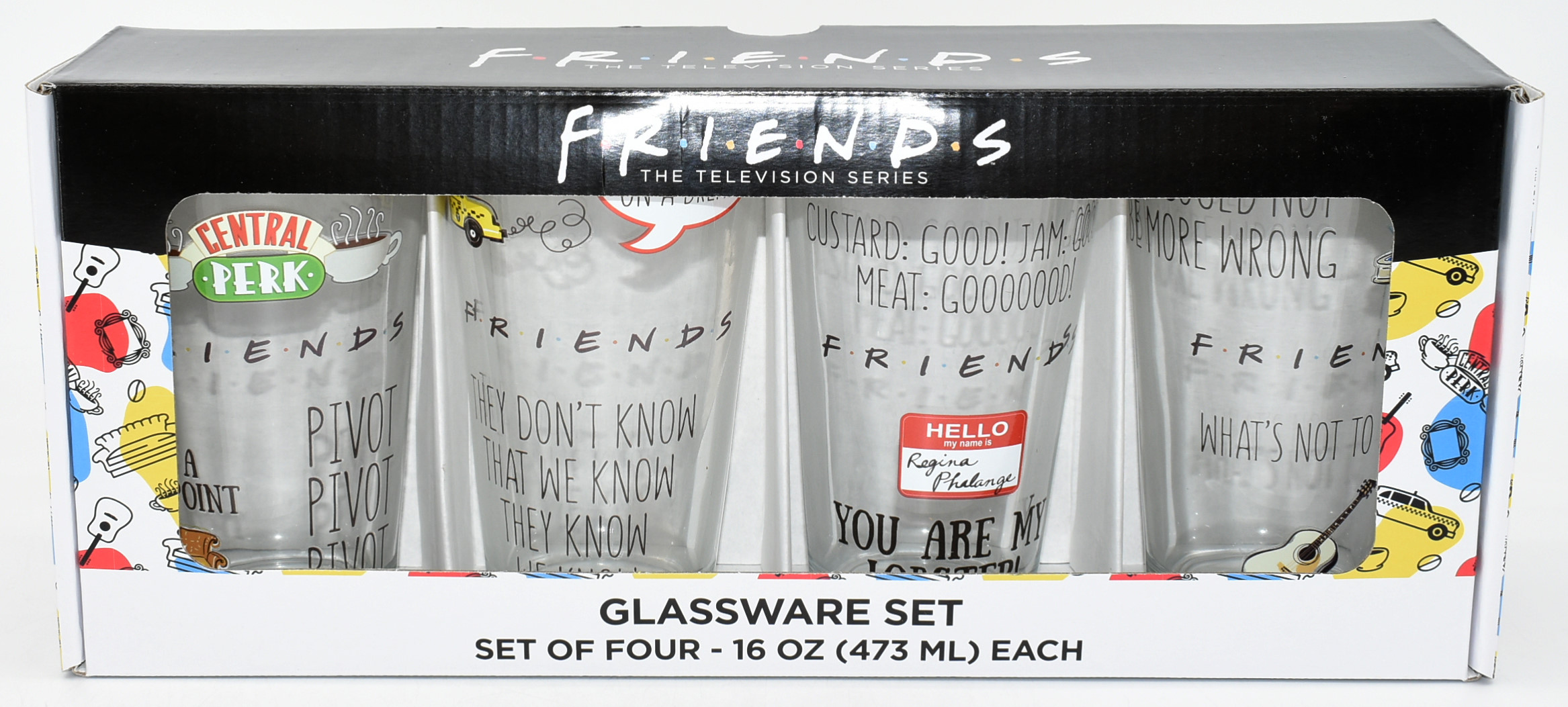 PINT GLASS SET, 16OZ, 4PC, MULTI QUOTE, FRIENDS, COLOR WINDOW BOX