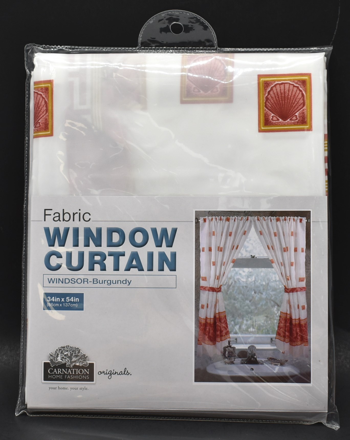 CURTAINS, BATHROOM WINDOW, 34X54 2 PANEL/TIES, WINDSOR, BURGUNDY