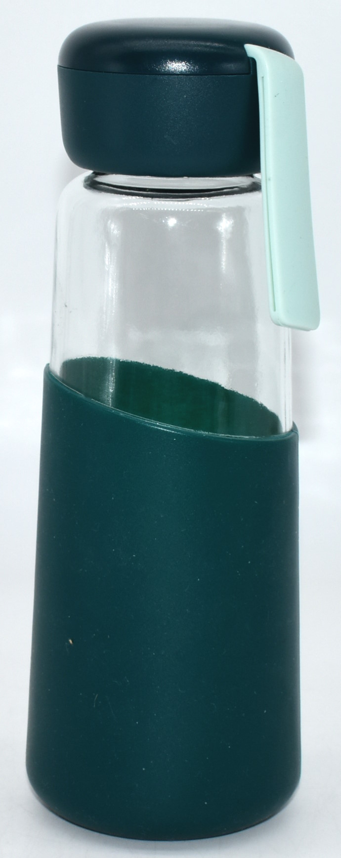 TUMBLER,  GLASS,  12 OZ,  TEAL SILICONE SLEEVE,  WITH LID