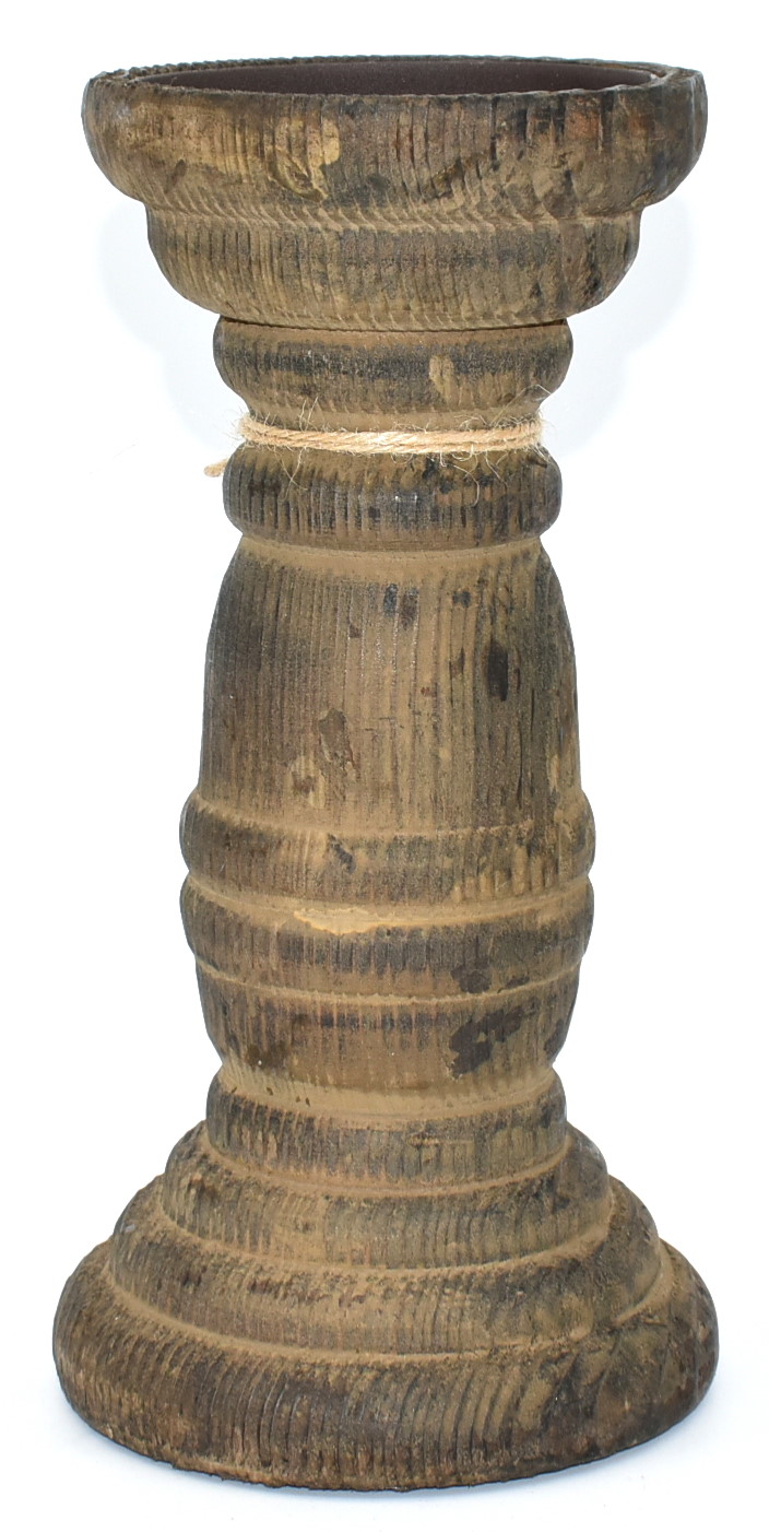 CANDLE HOLDER,  PILLAR,  LARGE,  WOODEN RUSTIC,  4X8IN
