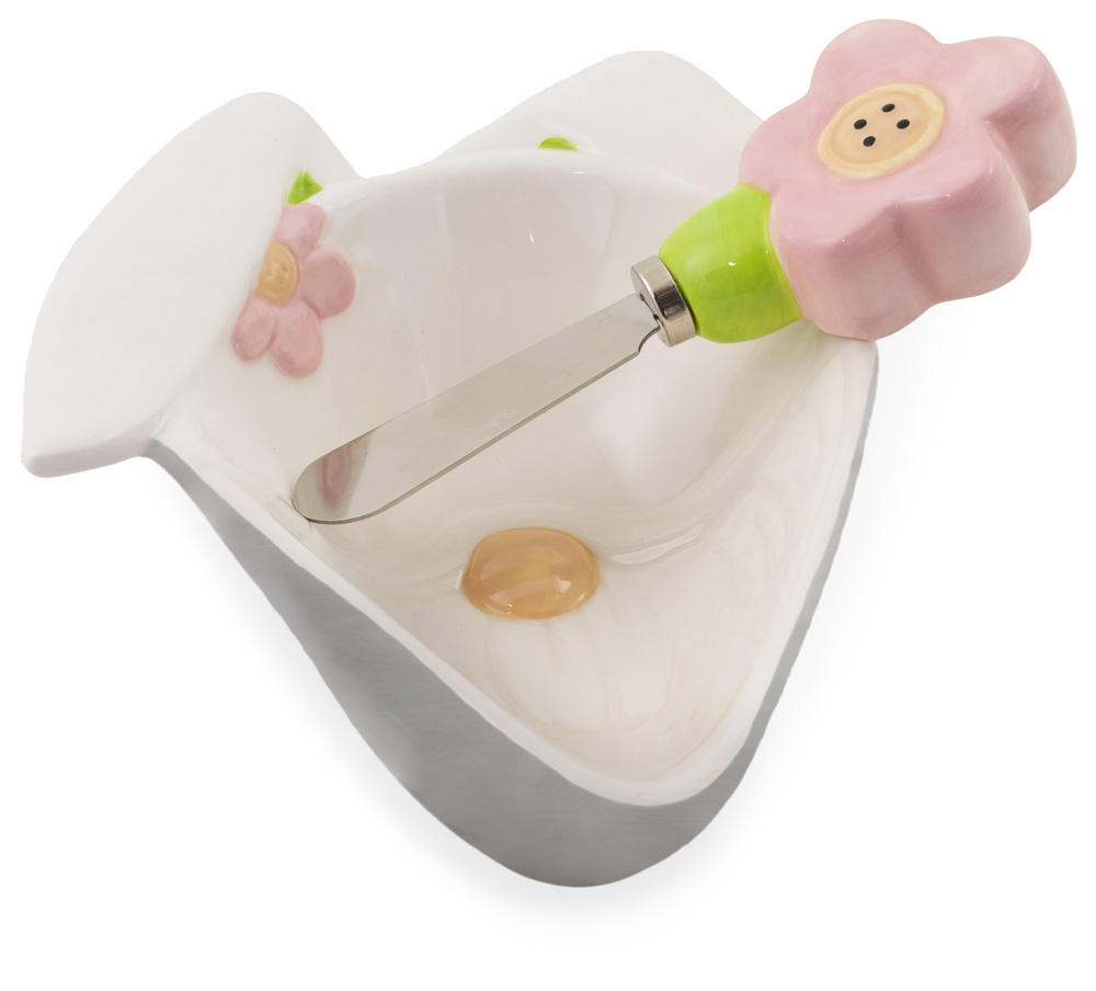 BOWL & SPREADER,  BUNNY GNOME,  4 OZ,  CERAMIC,  STAINLESS STEEL