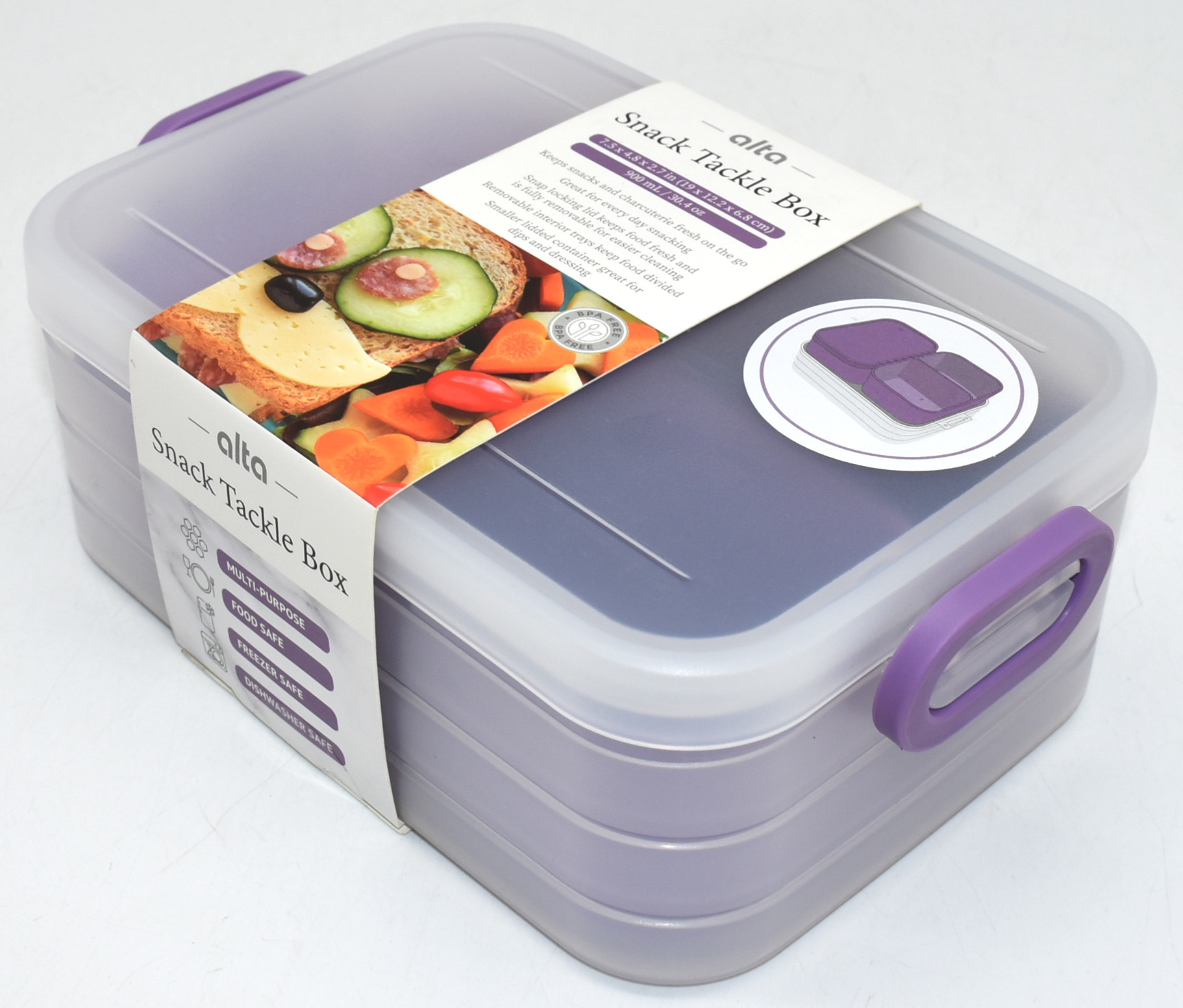 BENTO BOX,  SNACK,  8X5X3,  GREY MOVEABLE SECTIONS,  SNAP LID