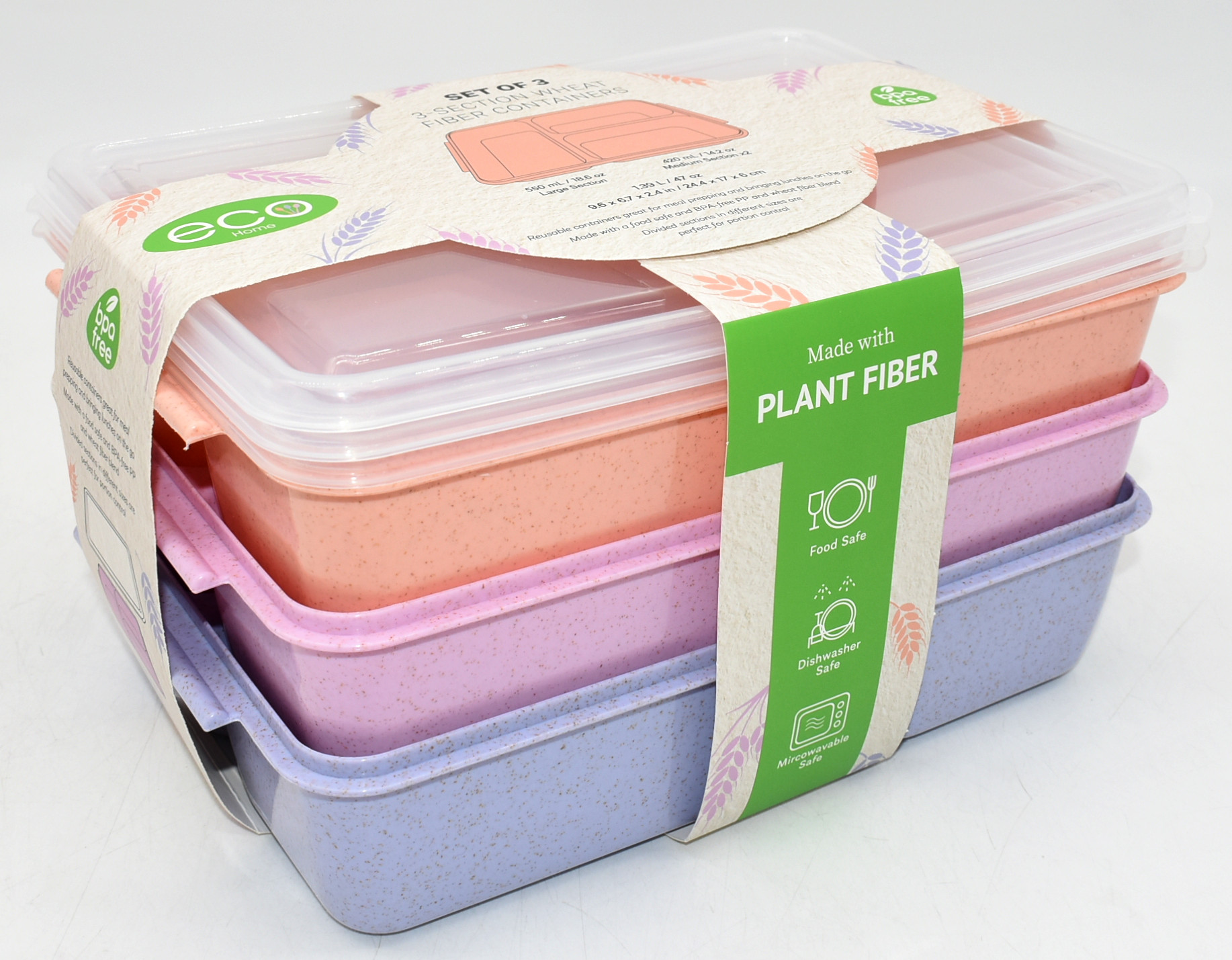 FOOD STORAGE,  3 PK,  3 SECTION,  BENTO BOX,  WHEAT FIBER, PASTELS