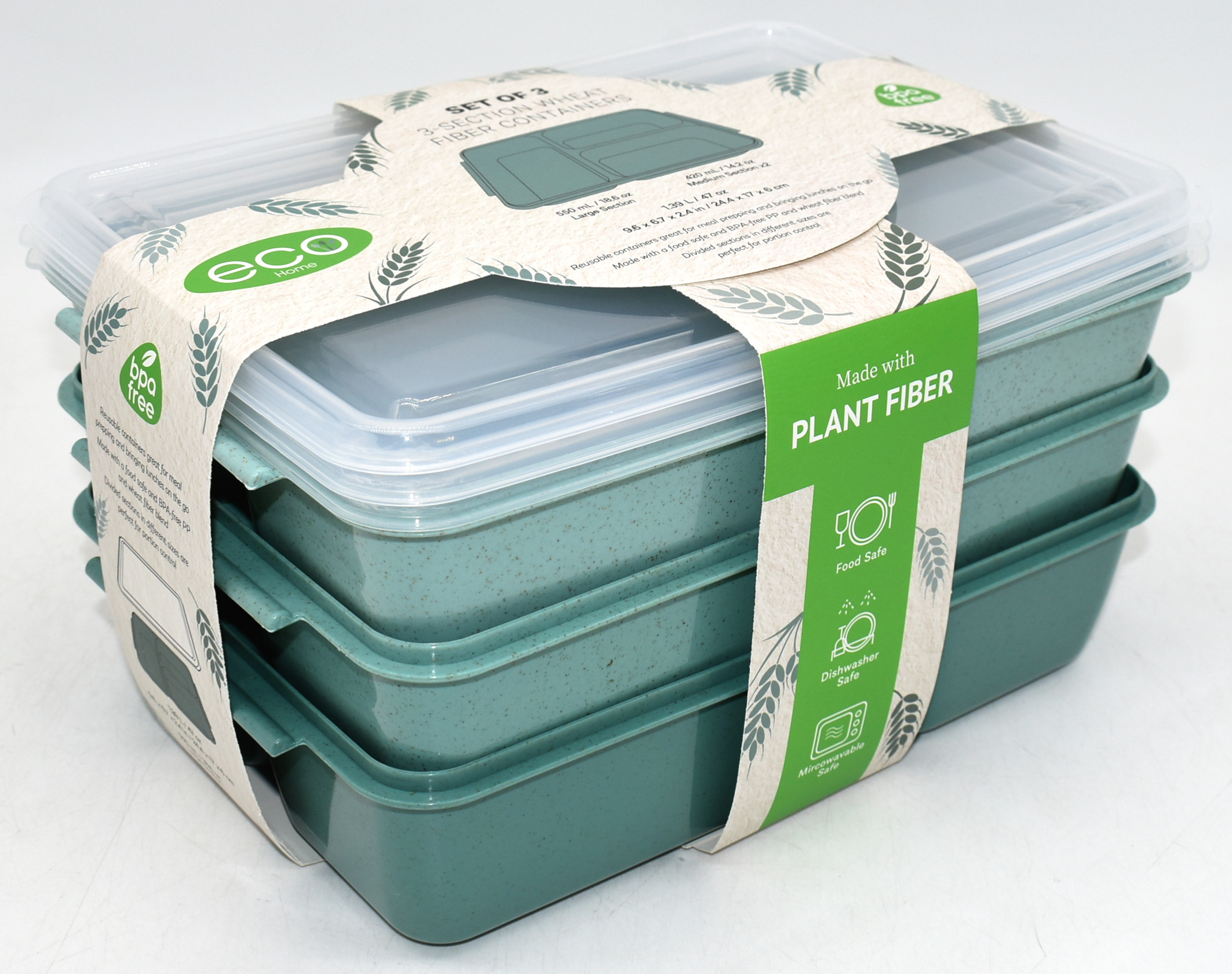 FOOD STORAGE,  3 PK,  3 SECTION,  BENTO BOX,  WHEAT FIBER,  GREEN
