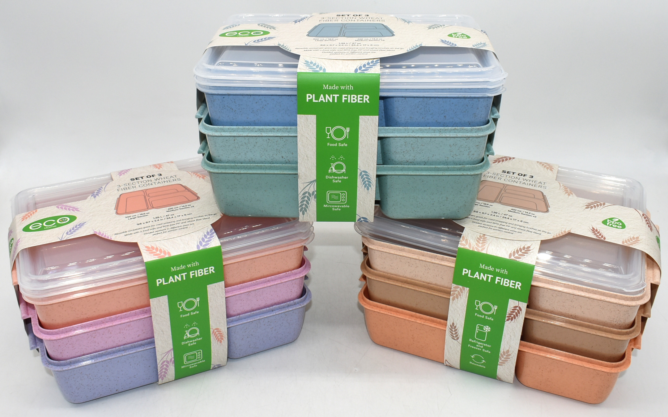 FOOD STORAGE,  3 PK,  3 SECTION,  BENTO BOX,  WHEAT FIBER,  ASST