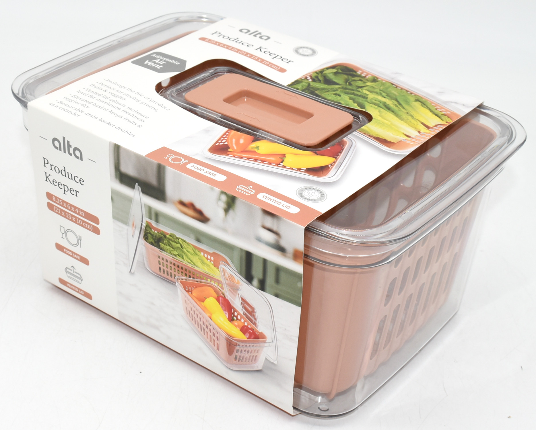 PRODUCE KEEPER,  8X6X4,  BASKET AND BIN WITH LID,  CLAY