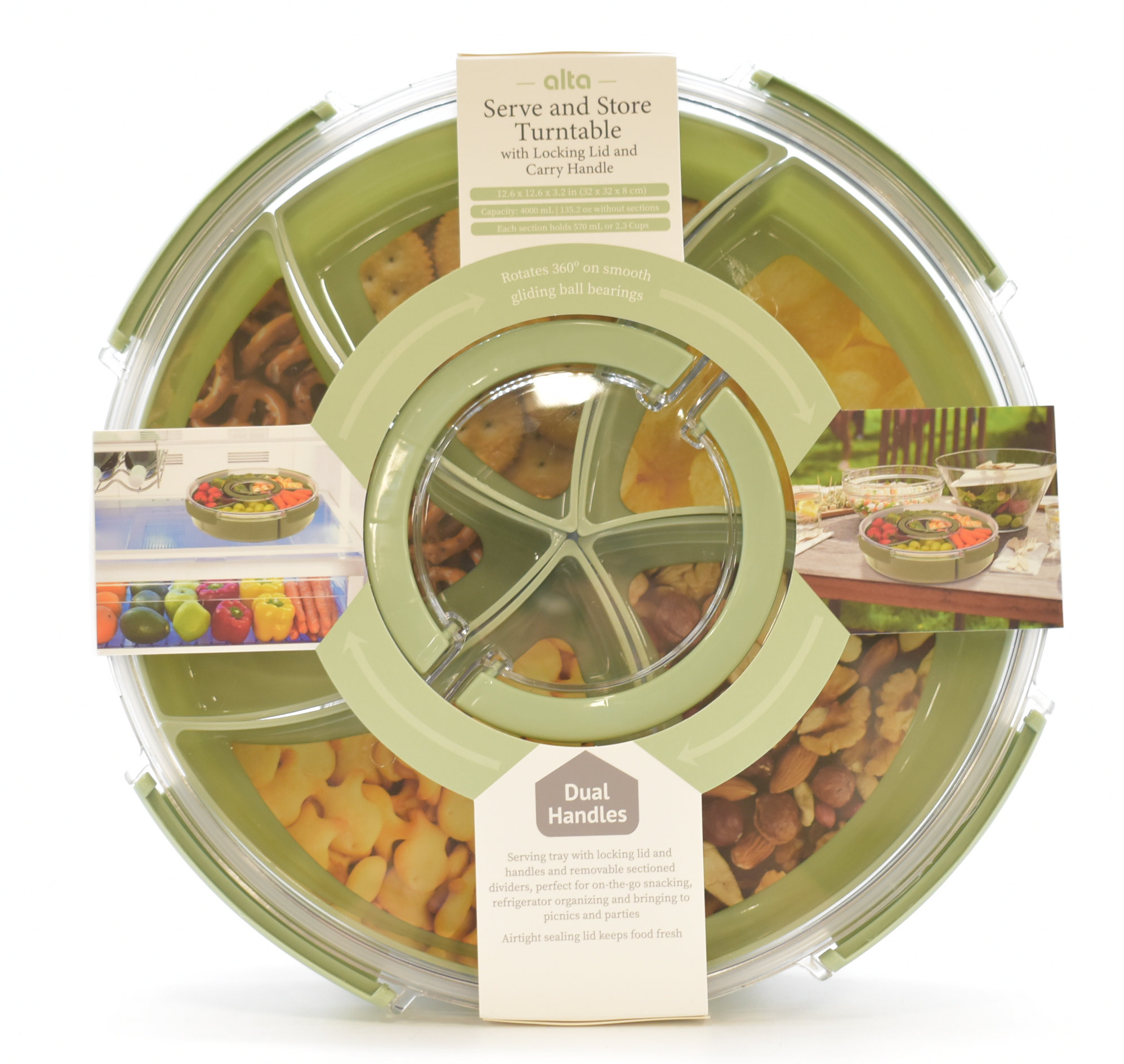 SERVING TRAY,  TURNTABLE,  ROUND WITH HANDLE,  13X13X3,  SAGE