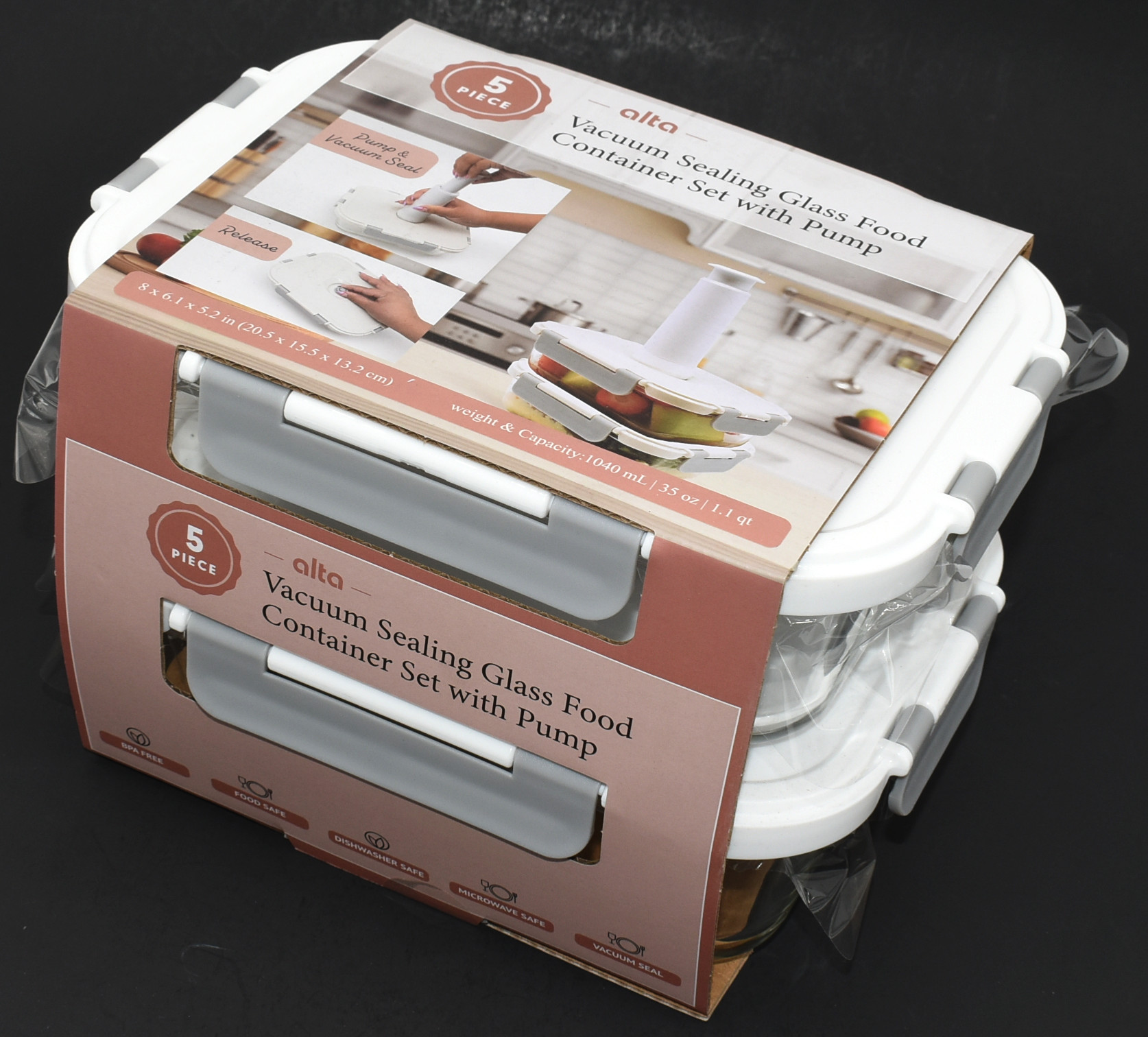 FOOD STORAGE SET,  2 PK,  GLASS,  VACUUM SEAL,  1040 ML