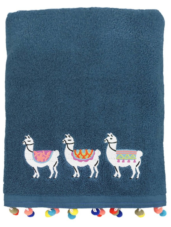 TOWEL,  BATH,  NAVY,  LLAMAS,  EMBROIDERED