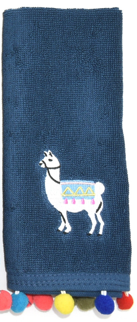 TOWEL,  FINGERTIP,  NAVY,  LLAMAS EMBROIDERED