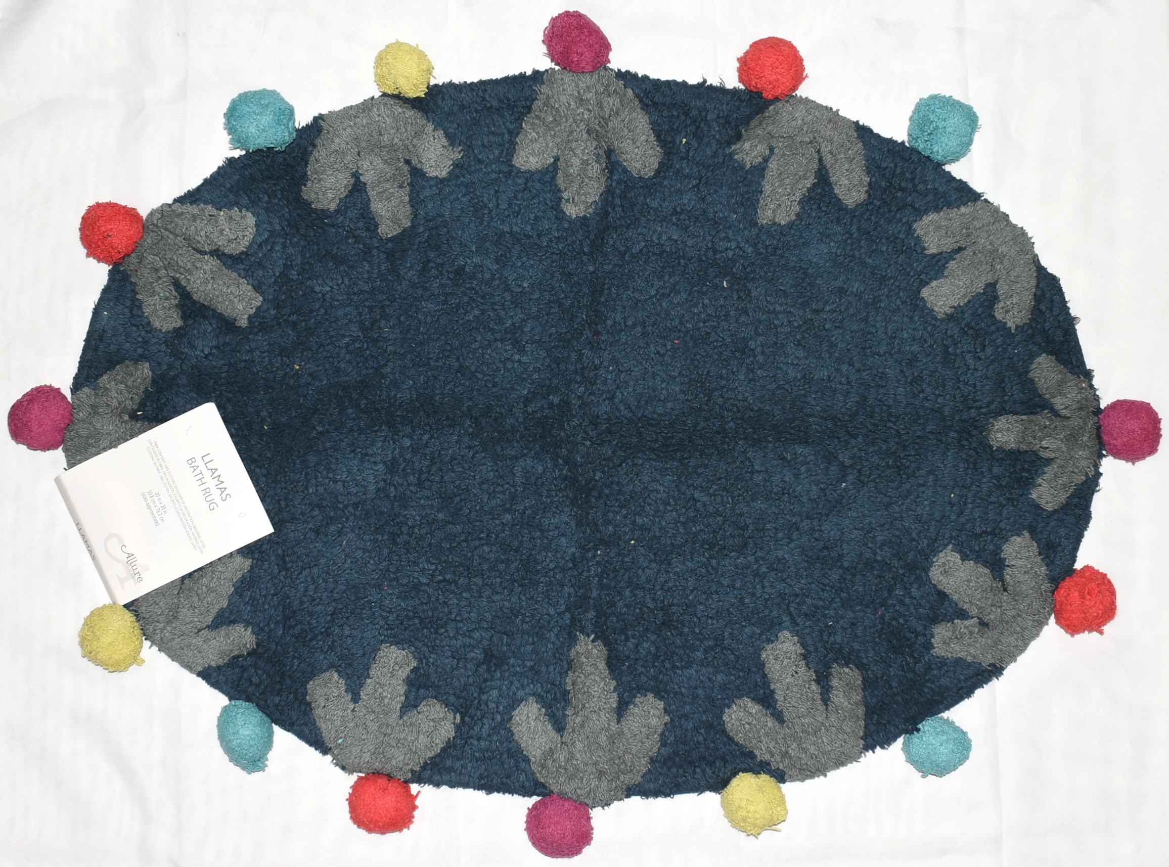 BATH RUG,  NAVY BLUE,  POM POM TRIM,  LLAMAS