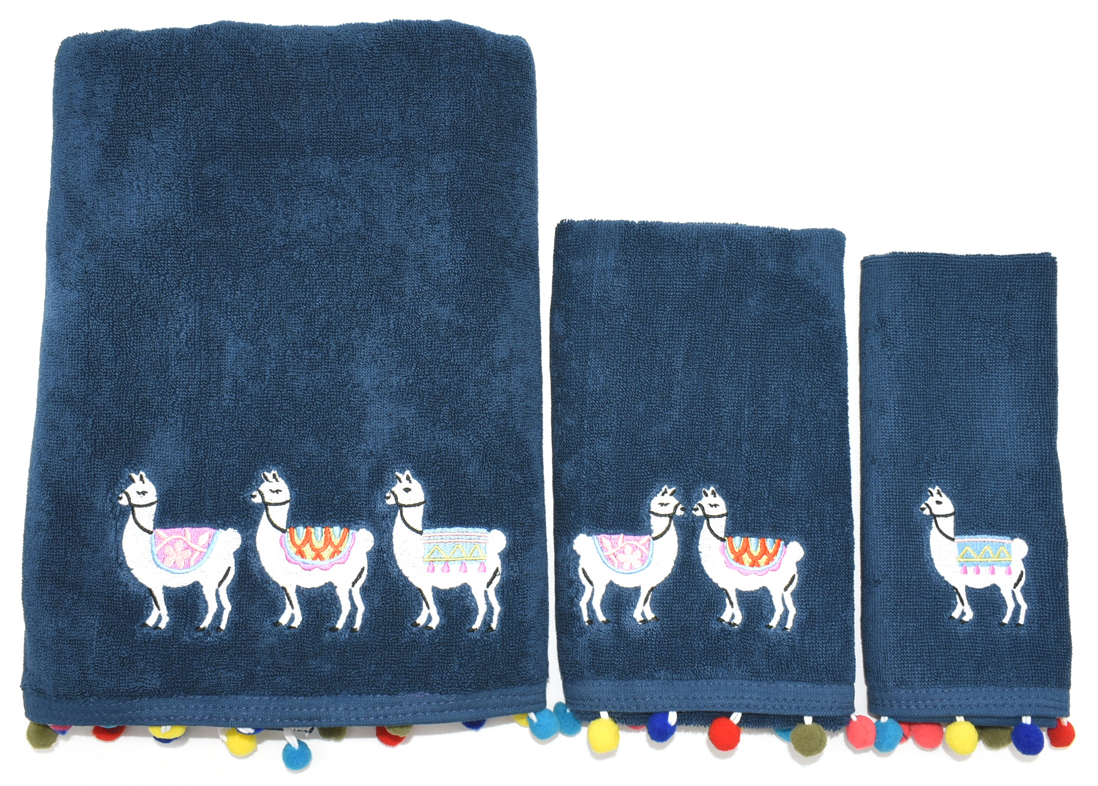 TOWEL SET,  3 PC,  NAVY,  LLAMAS BATH,  HAND AND FINGERTIP