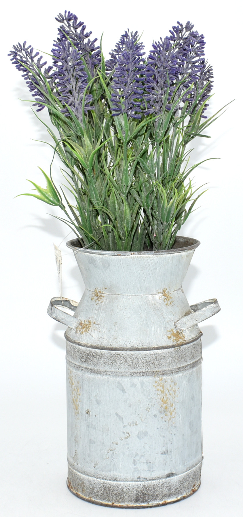 VASE WITH FLOWERS,  LAVENDER,  ARTIFICIAL,  METAL PITCHER, 4X14