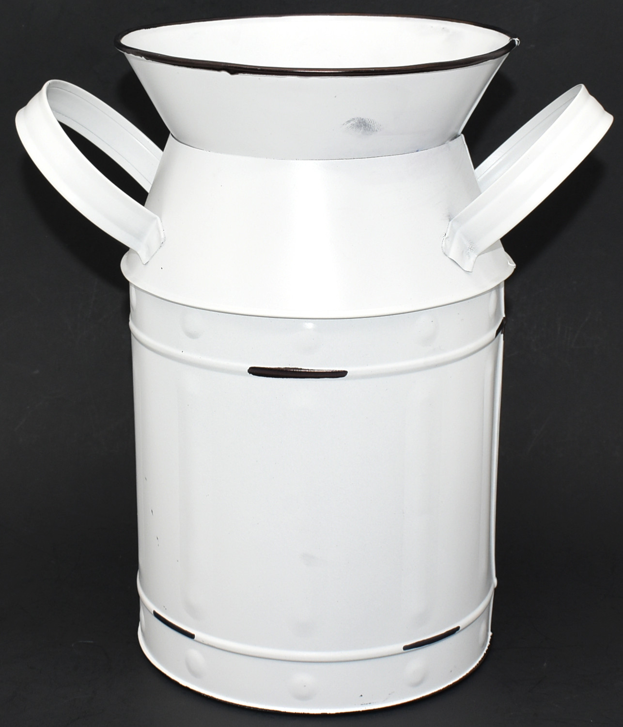 VASE,  METAL,  JUG WITH HANDLES,  WHITE,  DITRESSED, MILK JUG, 10X6