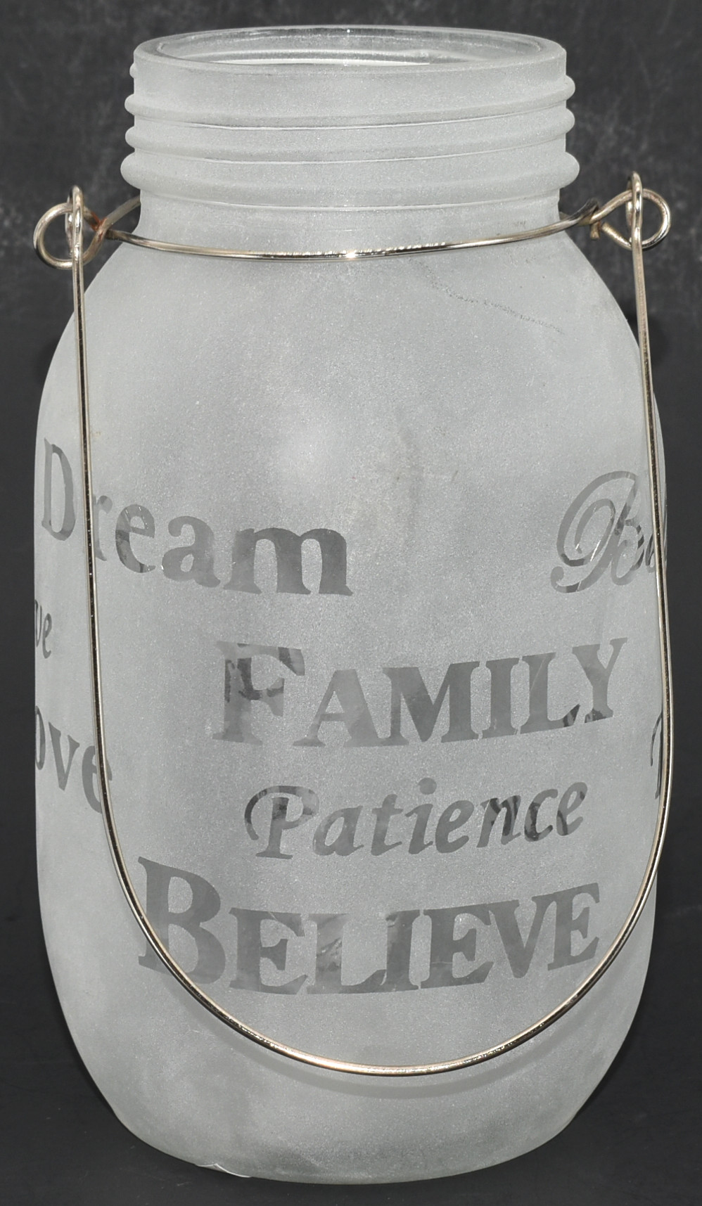 JAR,  MASON,  WITH HANDLE,  CLEAR FROSTED, INSPIRATIONAL WORDS, 7