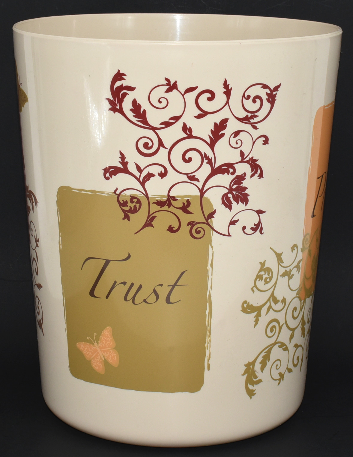 WASTE BASKET,  PLASTIC,  RED BUTTERFLY BLESSINGS