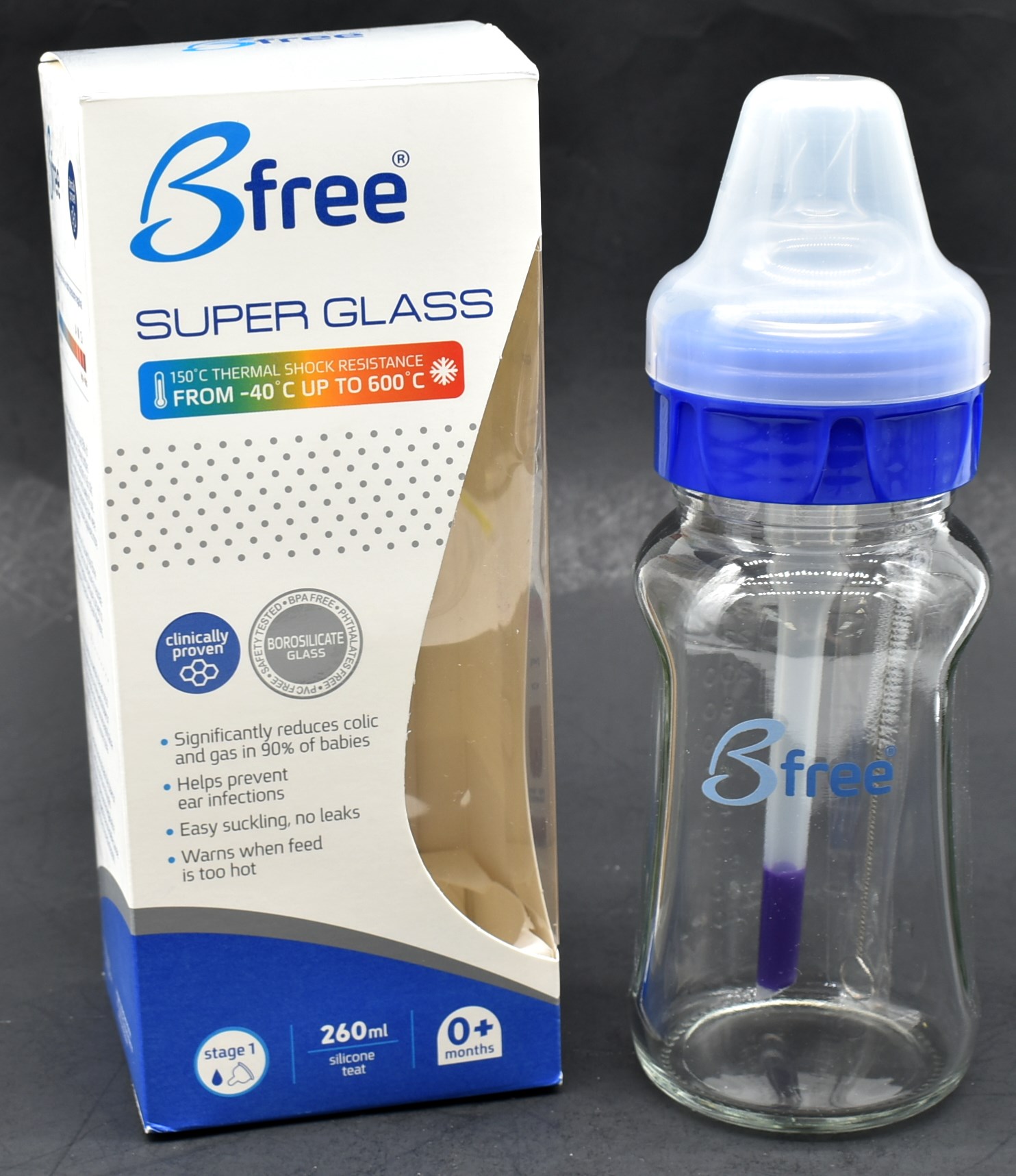 BOTTLE, BABY, 8.75 OZ, 260ML,  GLASS, STAGE 1, COLOR BOX