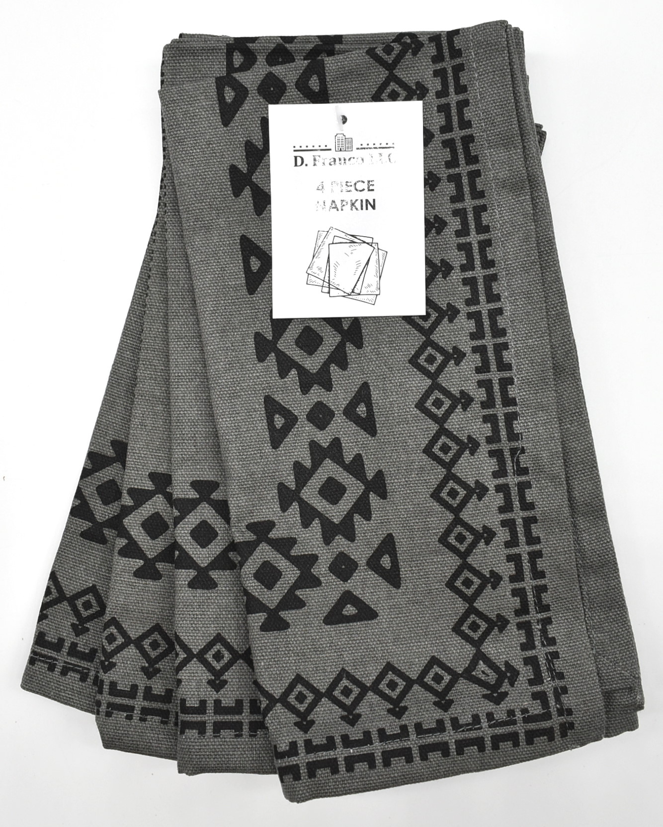 NAPKINS,  4 PK,  FABRIC,  GREY TRIBAL DESIGN