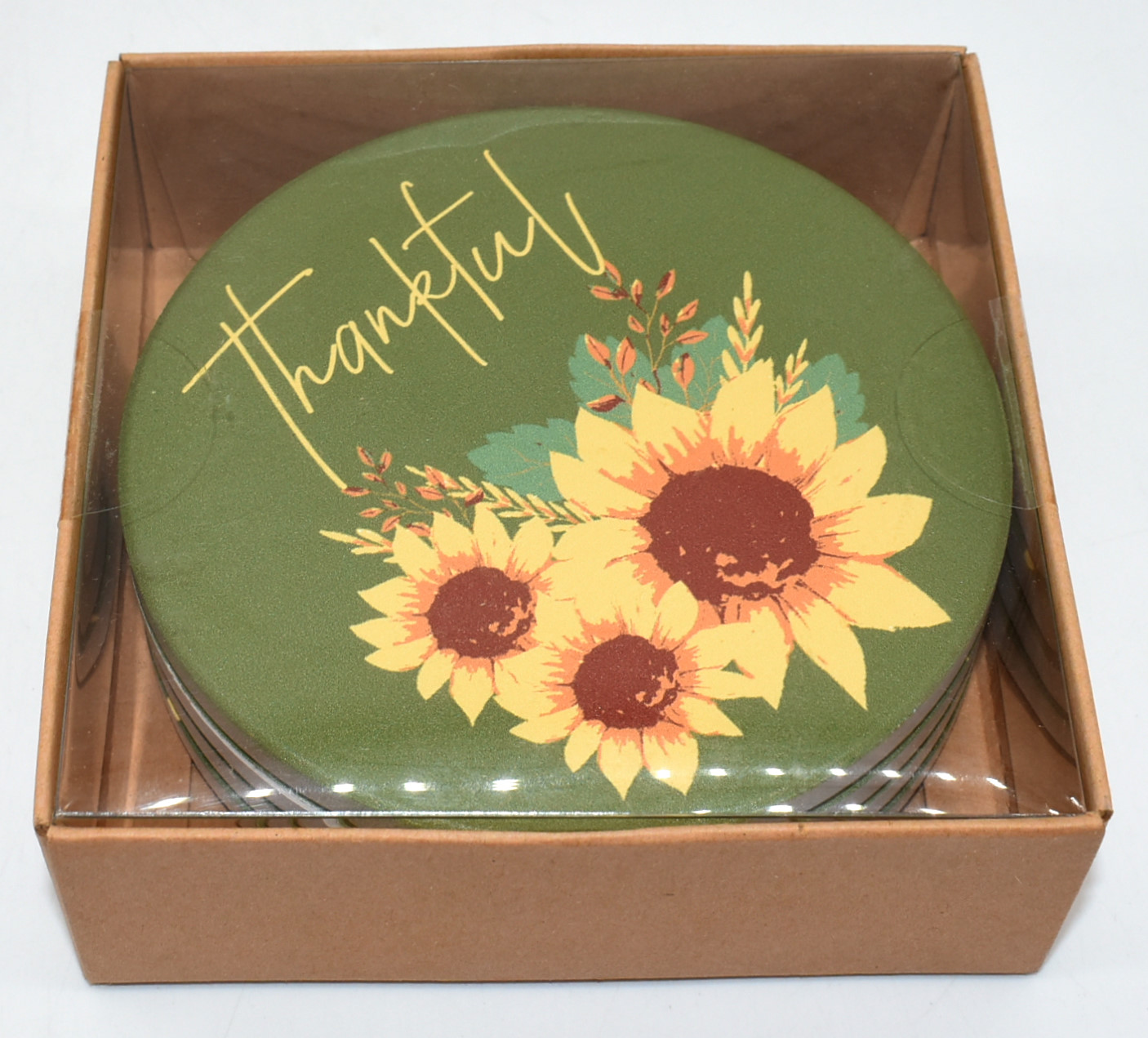 COASTERS, 4PK, THANKFUL, SUNFLOWR CERAMIC, ROUND, GIFT BOX